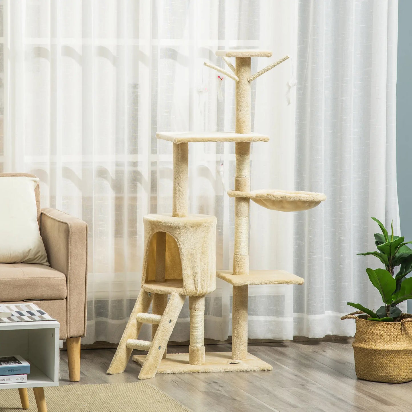 PawHut 53" Cat Tree Tower, Kitten Activity Centre with Scratching Posts, Condo, Perches, Ladder, Hammock, Dangling Toys, Beige
