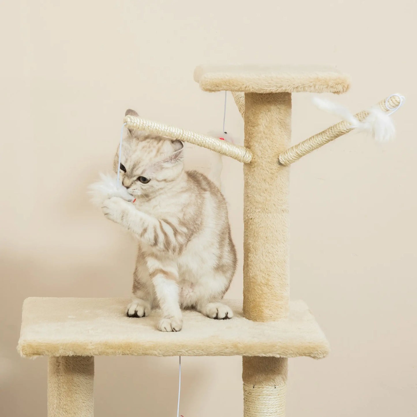 PawHut 53" Cat Tree Tower, Kitten Activity Centre with Scratching Posts, Condo, Perches, Ladder, Hammock, Dangling Toys, Beige