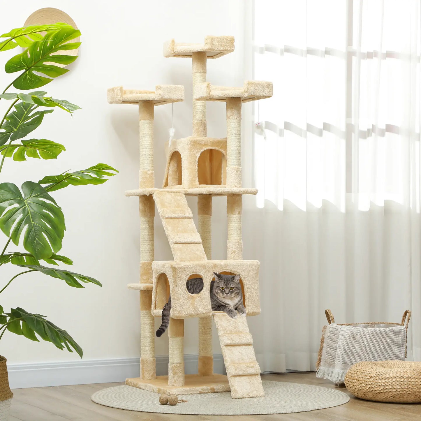 PawHut 68-inch Multi-Level Cat Scratching Tree Kitty Activity Center Post Tower Condo Pet Furniture w/ Toy Grey