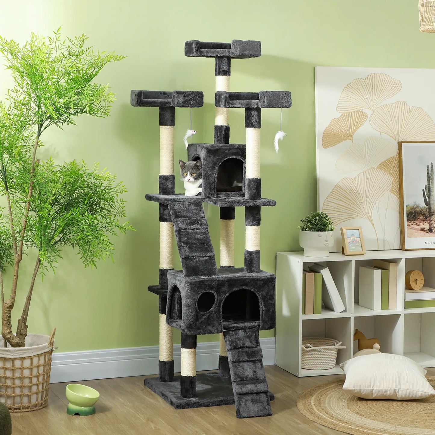 PawHut 68-inch Multi-Level Cat Scratching Tree Kitty Activity Center Post Tower Condo Pet Furniture w/ Toy Grey