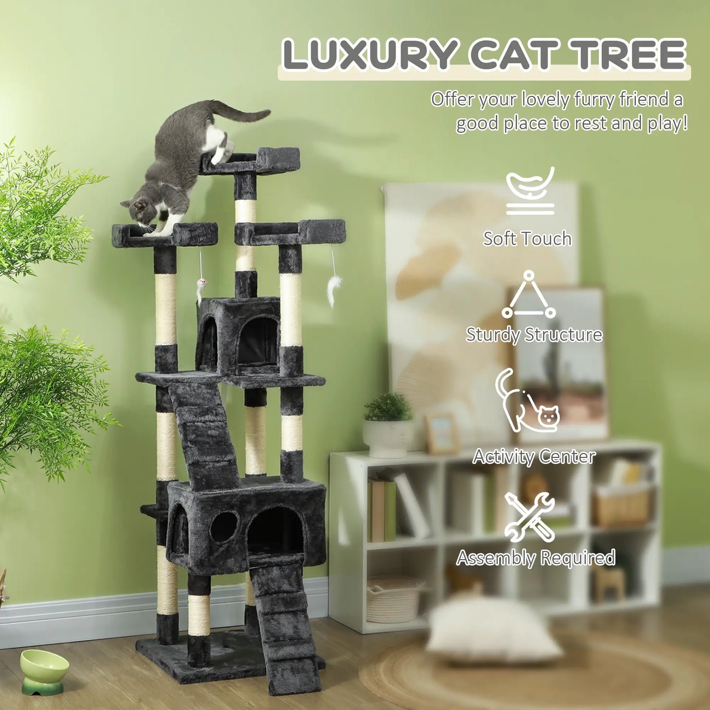 PawHut 68-inch Multi-Level Cat Scratching Tree Kitty Activity Center Post Tower Condo Pet Furniture w/ Toy Grey