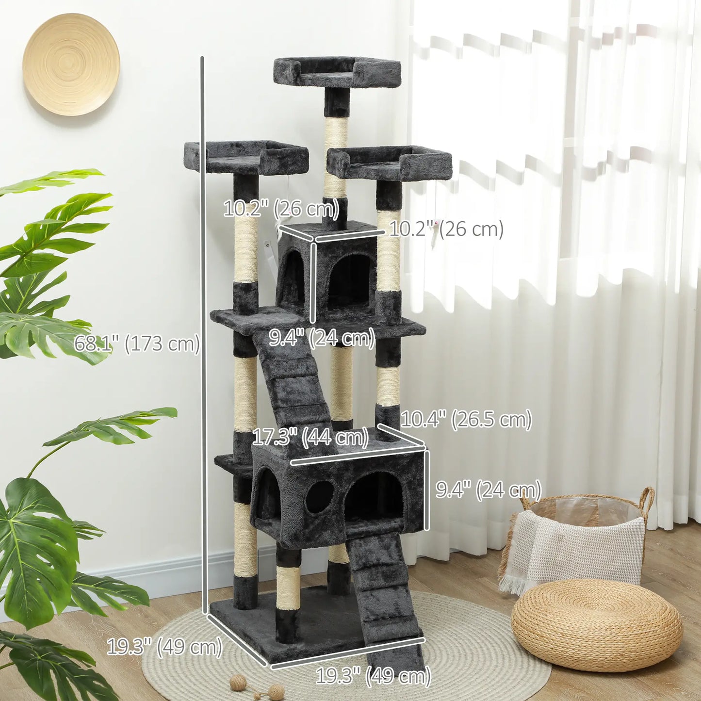 PawHut 68-inch Multi-Level Cat Scratching Tree Kitty Activity Center Post Tower Condo Pet Furniture w/ Toy Grey