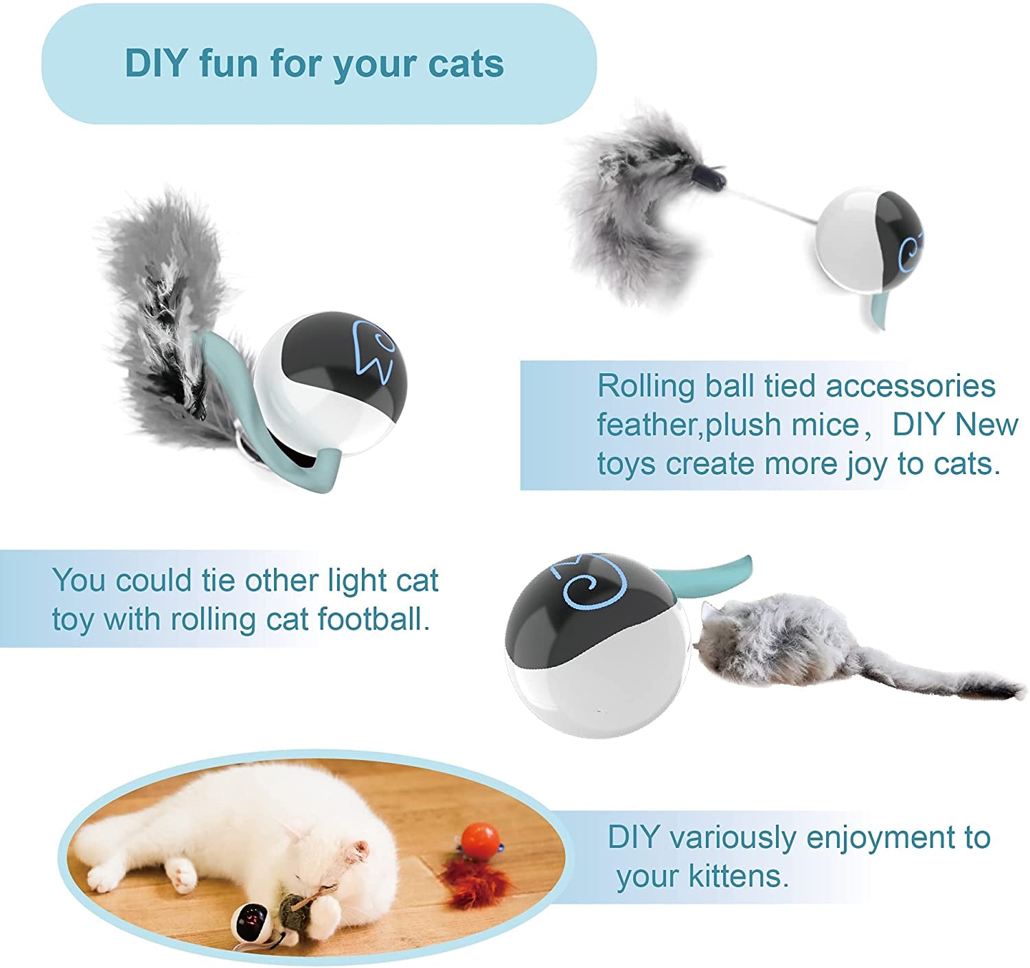 Cat Toys, Automatic Moving Ball Bundle Classic Mice + Feather Kitten Toys in Pack. DIY N in 1 Pets Smart Electric Teaser, USB Rechargeable (White)