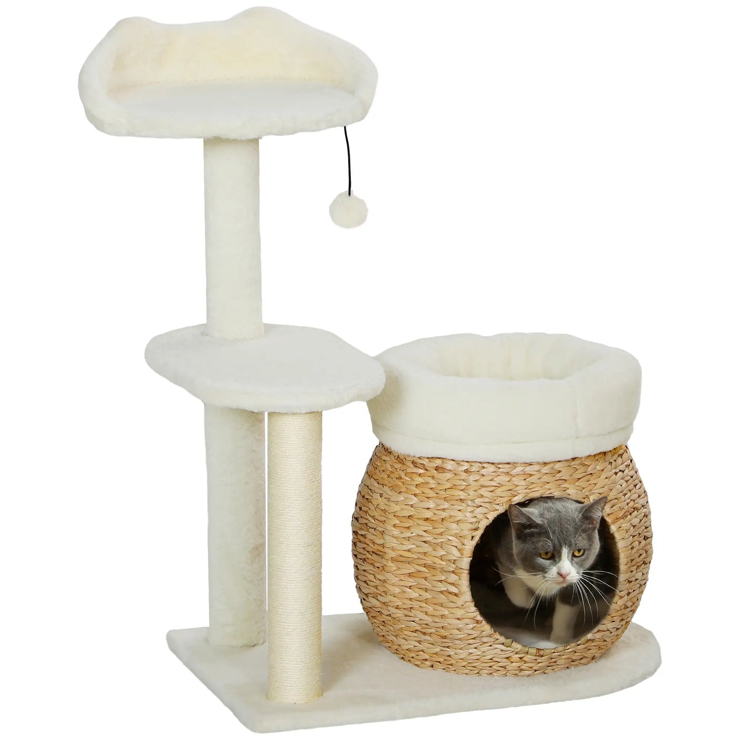 PawHut 31" Cat Tree Tower with Scratching Posts, Cat Condo, Beds, Platform, Toy Ball, for Indoor Cats, Cream White