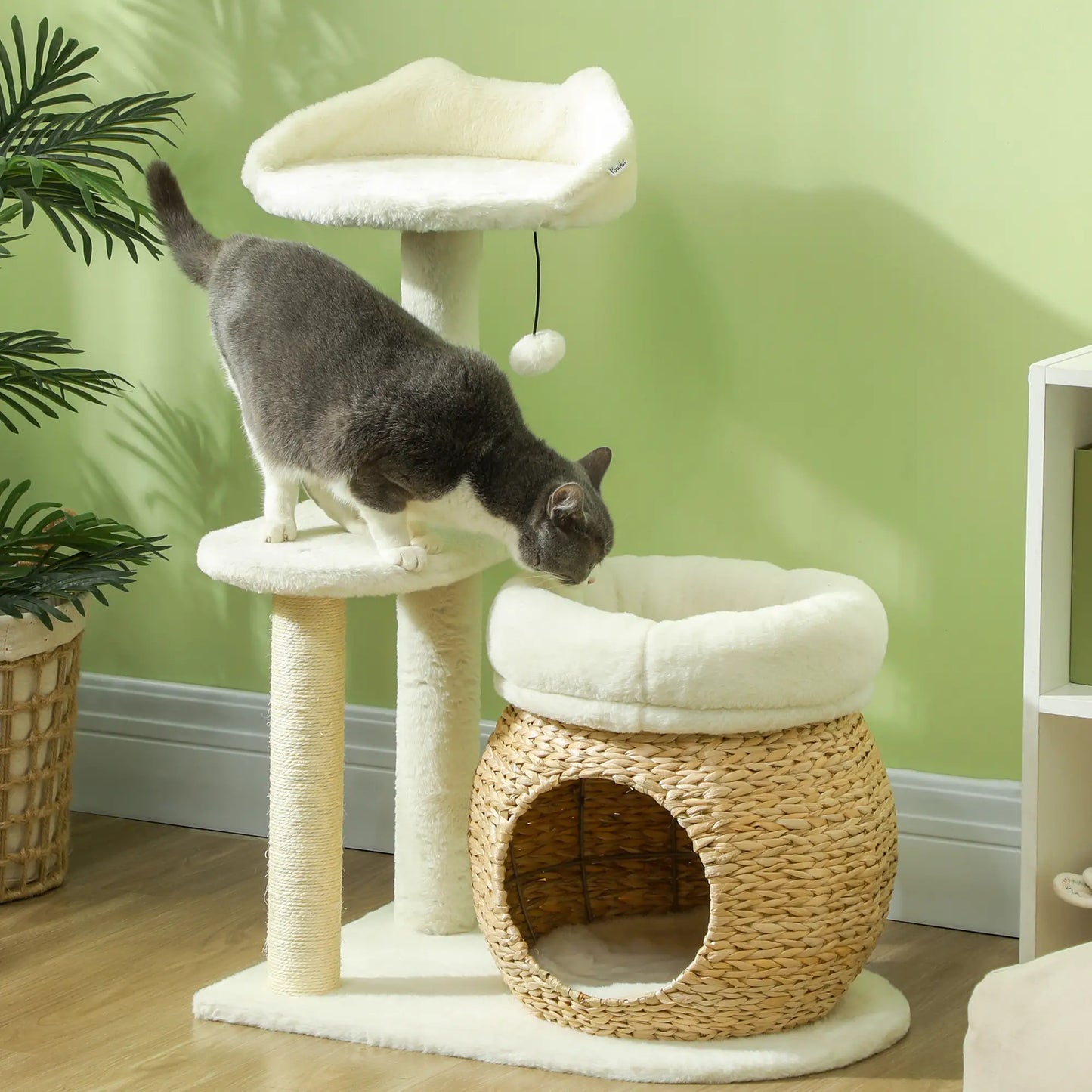 PawHut 31" Cat Tree Tower with Scratching Posts, Cat Condo, Beds, Platform, Toy Ball, for Indoor Cats, Cream White