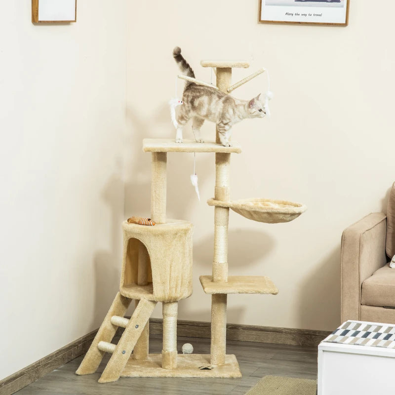 PawHut 53" Cat Tree Tower, Kitten Activity Centre with Scratching Posts, Condo, Perches, Ladder, Hammock, Dangling Toys, Beige