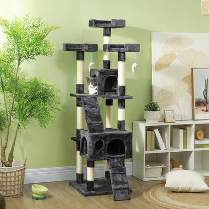 PawHut 68-inch Multi-Level Cat Scratching Tree Kitty Activity Center Post Tower Condo Pet Furniture w/ Toy Grey