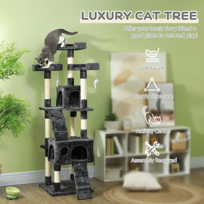 PawHut 68-inch Multi-Level Cat Scratching Tree Kitty Activity Center Post Tower Condo Pet Furniture w/ Toy Grey