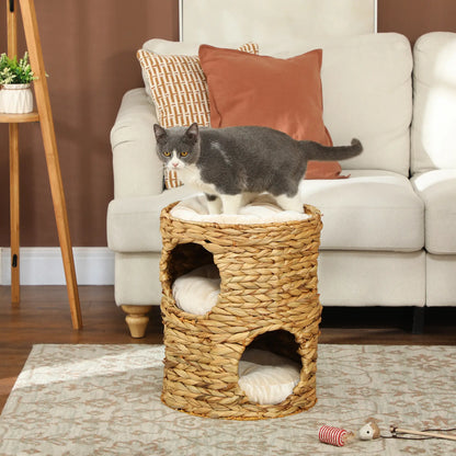 PawHut 2-Storey Cat Condo Barrel, Small Cat Tree Tower with Top Perch and 2 Hideaways, 2 Entrances, 3 Cushions, Light Brown
