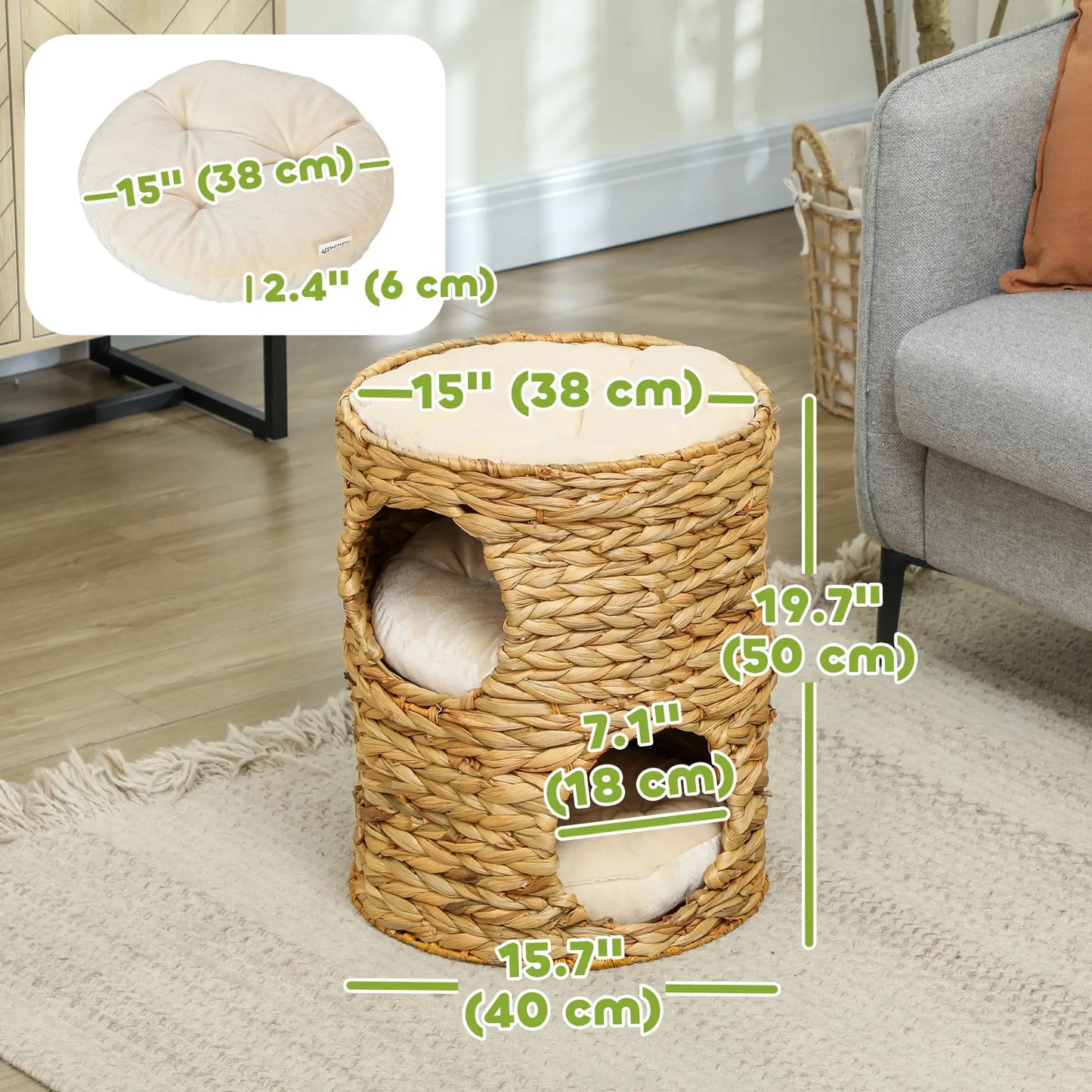PawHut 2-Storey Cat Condo Barrel, Small Cat Tree Tower with Top Perch and 2 Hideaways, 2 Entrances, 3 Cushions, Light Brown
